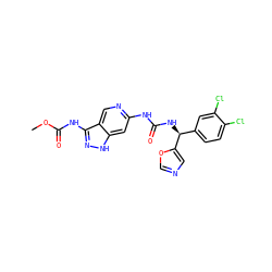 COC(=O)Nc1n[nH]c2cc(NC(=O)N[C@@H](c3ccc(Cl)c(Cl)c3)c3cnco3)ncc12 ZINC001772604548