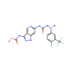 COC(=O)Nc1n[nH]c2cc(NC(=O)N[C@H](C)c3ccc(Cl)c(C(F)(F)F)c3)ncc12 ZINC001772621383