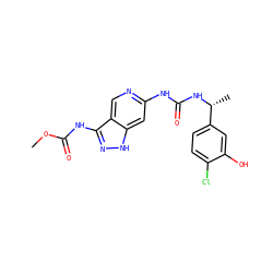 COC(=O)Nc1n[nH]c2cc(NC(=O)N[C@H](C)c3ccc(Cl)c(O)c3)ncc12 ZINC001772613515