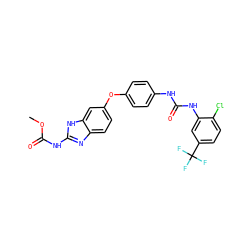 COC(=O)Nc1nc2ccc(Oc3ccc(NC(=O)Nc4cc(C(F)(F)F)ccc4Cl)cc3)cc2[nH]1 ZINC000004846177