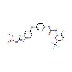 COC(=O)Nc1nc2ccc(Oc3ccc(NC(=O)Nc4cc(C(F)(F)F)ccc4F)cc3)cc2o1 ZINC000001494899
