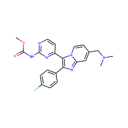 COC(=O)Nc1nccc(-c2c(-c3ccc(F)cc3)nc3cc(CN(C)C)ccn23)n1 ZINC000028963784