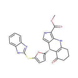 COC(=O)c1[nH]cc2c1NC1=C(C(=O)CCC1)[C@@H]2c1ccc(Sc2nc3ccccc3[nH]2)o1 ZINC000299868530