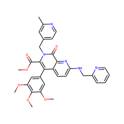 COC(=O)c1c(-c2cc(OC)c(OC)c(OC)c2)c2ccc(NCc3ccccn3)nc2c(=O)n1Cc1ccnc(C)c1 ZINC000026388439