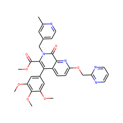 COC(=O)c1c(-c2cc(OC)c(OC)c(OC)c2)c2ccc(OCc3ncccn3)nc2c(=O)n1Cc1ccnc(C)c1 ZINC000026396392