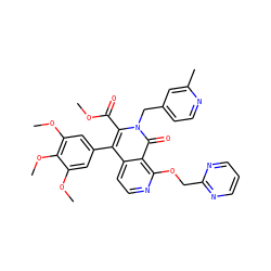 COC(=O)c1c(-c2cc(OC)c(OC)c(OC)c2)c2ccnc(OCc3ncccn3)c2c(=O)n1Cc1ccnc(C)c1 ZINC000003963610