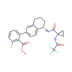 COC(=O)c1c(Cl)cccc1-c1ccc2c(c1)CCC[C@@H]2NC(=O)C1(NC(=O)C(F)(F)F)CC1 ZINC000169697128