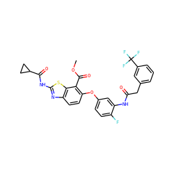 COC(=O)c1c(Oc2ccc(F)c(NC(=O)Cc3cccc(C(F)(F)F)c3)c2)ccc2nc(NC(=O)C3CC3)sc12 ZINC000114657447