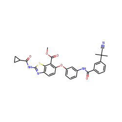 COC(=O)c1c(Oc2cccc(NC(=O)c3cccc(C(C)(C)C#N)c3)c2)ccc2nc(NC(=O)C3CC3)sc12 ZINC000103250631