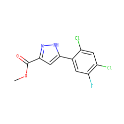 COC(=O)c1cc(-c2cc(F)c(Cl)cc2Cl)[nH]n1 ZINC000064480318