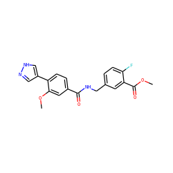 COC(=O)c1cc(CNC(=O)c2ccc(-c3cn[nH]c3)c(OC)c2)ccc1F ZINC001772648043