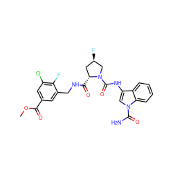 COC(=O)c1cc(Cl)c(F)c(CNC(=O)[C@@H]2C[C@@H](F)CN2C(=O)Nc2cn(C(N)=O)c3ccccc23)c1 ZINC000148042711