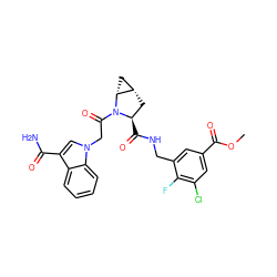 COC(=O)c1cc(Cl)c(F)c(CNC(=O)[C@@H]2C[C@H]3C[C@H]3N2C(=O)Cn2cc(C(N)=O)c3ccccc32)c1 ZINC000473179719