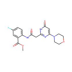 COC(=O)c1cc(F)ccc1NC(=O)Cc1nc(N2CCOCC2)cc(=O)[nH]1 ZINC000115069837