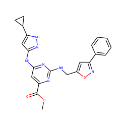 COC(=O)c1cc(Nc2cc(C3CC3)[nH]n2)nc(NCc2cc(-c3ccccc3)no2)n1 ZINC000035801159