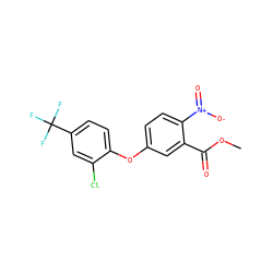 COC(=O)c1cc(Oc2ccc(C(F)(F)F)cc2Cl)ccc1[N+](=O)[O-] ZINC000002521493