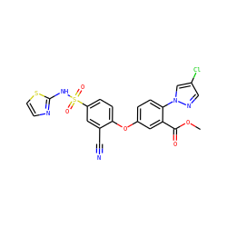 COC(=O)c1cc(Oc2ccc(S(=O)(=O)Nc3nccs3)cc2C#N)ccc1-n1cc(Cl)cn1 ZINC000095580722