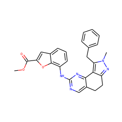 COC(=O)c1cc2cccc(Nc3ncc4c(n3)-c3c(nn(C)c3Cc3ccccc3)CC4)c2o1 ZINC000141165917
