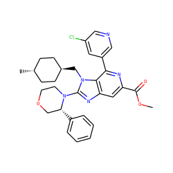 COC(=O)c1cc2nc(N3CCOC[C@H]3c3ccccc3)n(C[C@H]3CC[C@H](C)CC3)c2c(-c2cncc(Cl)c2)n1 ZINC000261171191