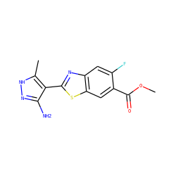 COC(=O)c1cc2sc(-c3c(N)n[nH]c3C)nc2cc1F ZINC000114398140