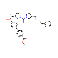 COC(=O)c1ccc(-c2ccc(C(=O)N(C)[C@H]3CCN(C(=O)N4CC[C@H](NCCCc5ccccc5)C4)C3)cc2)cc1 ZINC000036351604