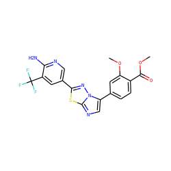 COC(=O)c1ccc(-c2cnc3sc(-c4cnc(N)c(C(F)(F)F)c4)nn23)cc1OC ZINC000068247390