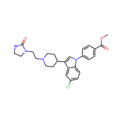 COC(=O)c1ccc(-n2cc(C3CCN(CCN4CCNC4=O)CC3)c3cc(Cl)ccc32)cc1 ZINC000013489965