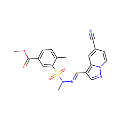 COC(=O)c1ccc(C)c(S(=O)(=O)N(C)/N=C/c2cnn3ccc(C#N)cc23)c1 ZINC000073199136