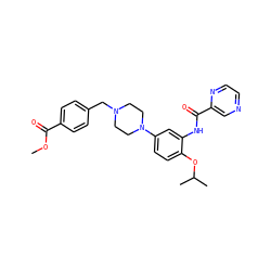 COC(=O)c1ccc(CN2CCN(c3ccc(OC(C)C)c(NC(=O)c4cnccn4)c3)CC2)cc1 ZINC000169346750