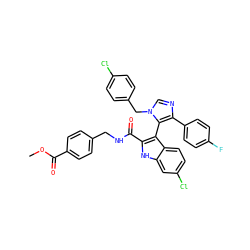 COC(=O)c1ccc(CNC(=O)c2[nH]c3cc(Cl)ccc3c2-c2c(-c3ccc(F)cc3)ncn2Cc2ccc(Cl)cc2)cc1 ZINC001772575636