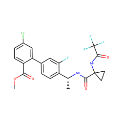 COC(=O)c1ccc(Cl)cc1-c1ccc([C@@H](C)NC(=O)C2(NC(=O)C(F)(F)F)CC2)c(F)c1 ZINC000028822400