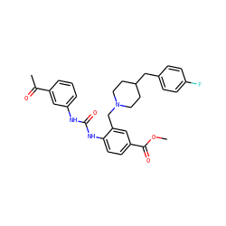 COC(=O)c1ccc(NC(=O)Nc2cccc(C(C)=O)c2)c(CN2CCC(Cc3ccc(F)cc3)CC2)c1 ZINC000013475839