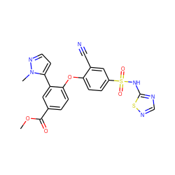 COC(=O)c1ccc(Oc2ccc(S(=O)(=O)Nc3ncns3)cc2C#N)c(-c2ccnn2C)c1 ZINC000095582982