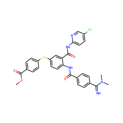 COC(=O)c1ccc(Sc2ccc(NC(=O)c3ccc(C(=N)N(C)C)cc3)c(C(=O)Nc3ccc(Cl)cn3)c2)cc1 ZINC000036126785