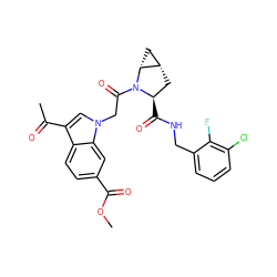 COC(=O)c1ccc2c(C(C)=O)cn(CC(=O)N3[C@H](C(=O)NCc4cccc(Cl)c4F)C[C@H]4C[C@H]43)c2c1 ZINC000143848206
