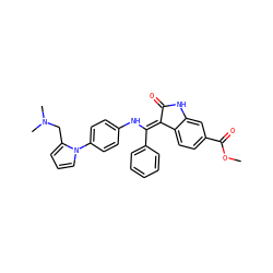 COC(=O)c1ccc2c(c1)NC(=O)/C2=C(\Nc1ccc(-n2cccc2CN(C)C)cc1)c1ccccc1 ZINC001772640745