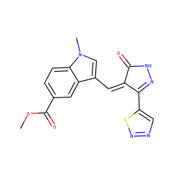 COC(=O)c1ccc2c(c1)c(/C=C1\C(=O)NN=C1c1cnns1)cn2C ZINC000028955003
