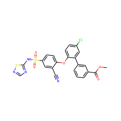 COC(=O)c1cccc(-c2cc(Cl)ccc2Oc2ccc(S(=O)(=O)Nc3ncns3)cc2C#N)c1 ZINC000095584678