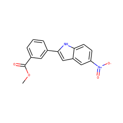 COC(=O)c1cccc(-c2cc3cc([N+](=O)[O-])ccc3[nH]2)c1 ZINC000040896581