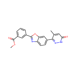 COC(=O)c1cccc(-c2nc3ccc(-c4n[nH]c(=O)cc4C)cc3o2)c1 ZINC000168919698