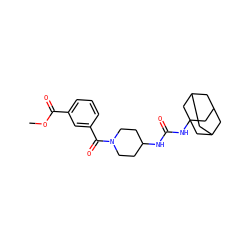 COC(=O)c1cccc(C(=O)N2CCC(NC(=O)NC34CC5CC(CC(C5)C3)C4)CC2)c1 ZINC000036330609