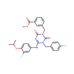 COC(=O)c1cccc(Cn2c(=O)nc(Nc3ccc(OC(C)C)c(F)c3)n(Cc3ccc(Cl)cc3)c2=O)c1 ZINC000200521756