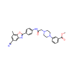 COC(=O)c1cccc(N2CCN(CC(=O)Nc3ccc(-c4nc5cc(C#N)cc(C)c5o4)cc3)CC2)c1 ZINC000066102741