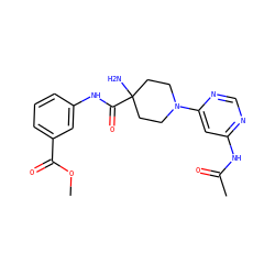 COC(=O)c1cccc(NC(=O)C2(N)CCN(c3cc(NC(C)=O)ncn3)CC2)c1 ZINC000473116466