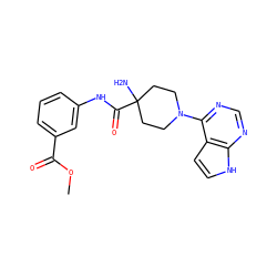 COC(=O)c1cccc(NC(=O)C2(N)CCN(c3ncnc4[nH]ccc34)CC2)c1 ZINC000473114366