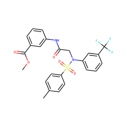 COC(=O)c1cccc(NC(=O)CN(c2cccc(C(F)(F)F)c2)S(=O)(=O)c2ccc(C)cc2)c1 ZINC000010295760