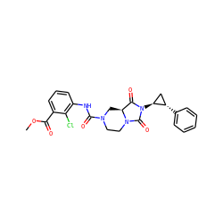 COC(=O)c1cccc(NC(=O)N2CCN3C(=O)N([C@H]4C[C@@H]4c4ccccc4)C(=O)[C@@H]3C2)c1Cl ZINC000072175246