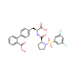 COC(=O)c1ccccc1-c1ccc(C[C@H](NC(=O)[C@@H]2CCCN2S(=O)(=O)c2cc(Cl)cc(Cl)c2)C(=O)O)cc1 ZINC000026649620