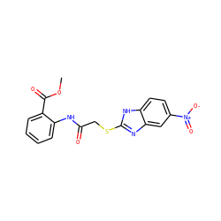 COC(=O)c1ccccc1NC(=O)CSc1nc2cc([N+](=O)[O-])ccc2[nH]1 ZINC000018219745