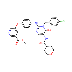 COC(=O)c1cncc(Oc2ccc(Nc3ncc(NC(=O)C4CCOCC4)c(=O)n3Cc3ccc(Cl)cc3)cc2)c1 ZINC000149379555